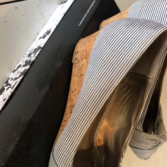 Moda Reflex Navy Blue & White Peep-toe Cork Wedges - Picture 4 of 6